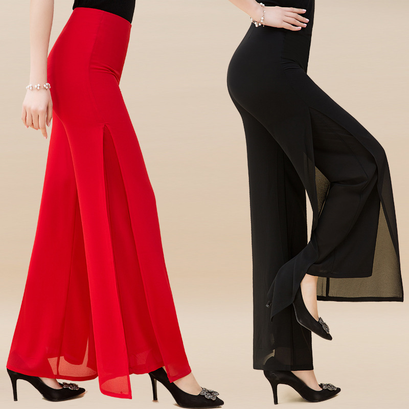 Chiffon Pants High Waist Pants Large Size Long Skirt Mesh Loose Pants Straight Casual Pants Slit Wide Leg Pants Women
