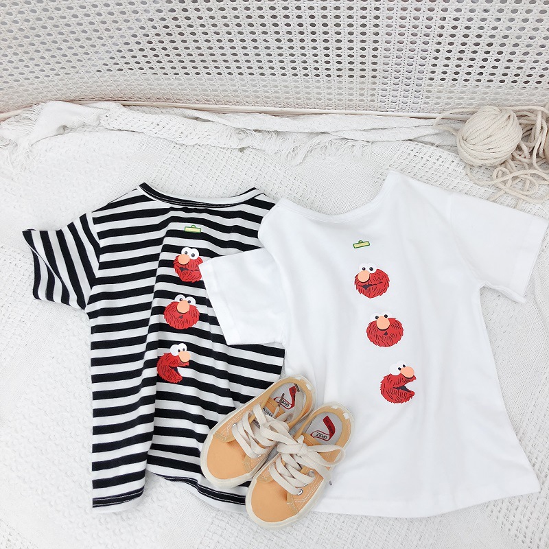 2019夏季韓版童裝男童女童卡通印花短袖T恤寶寶棉質條紋汗衫