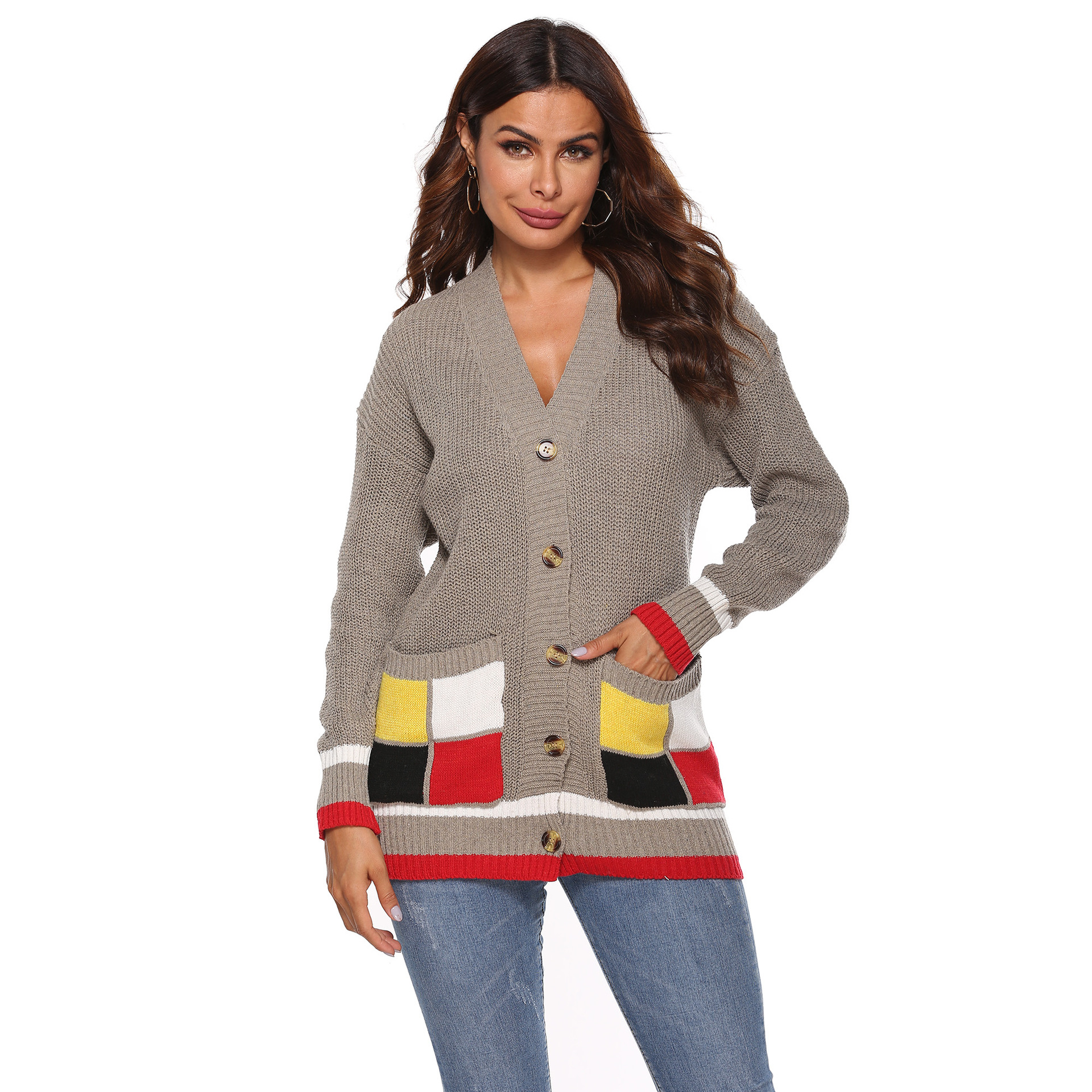 color matching large pockets woven cardigan NSOY46131