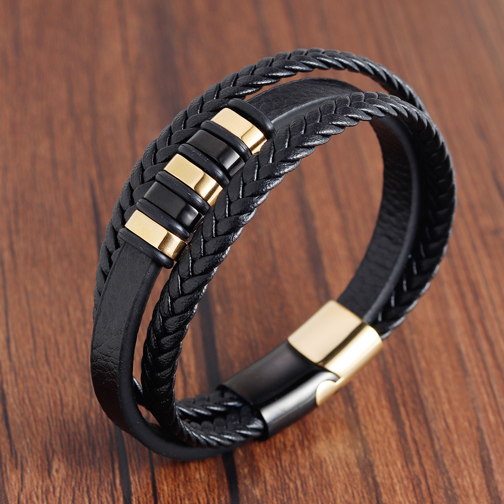 Retro Stripe Pu Leather Titanium Steel Polishing Men's Bracelets 1 Piece display picture 3