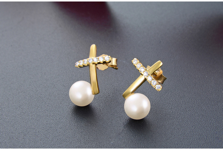 S925 Silver Diamond Cross Gold Color Pearls Earrings Jewelry display picture 3
