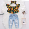 Flying sleeve woven printed sunflower fleece denim perforated pants headband three piece set