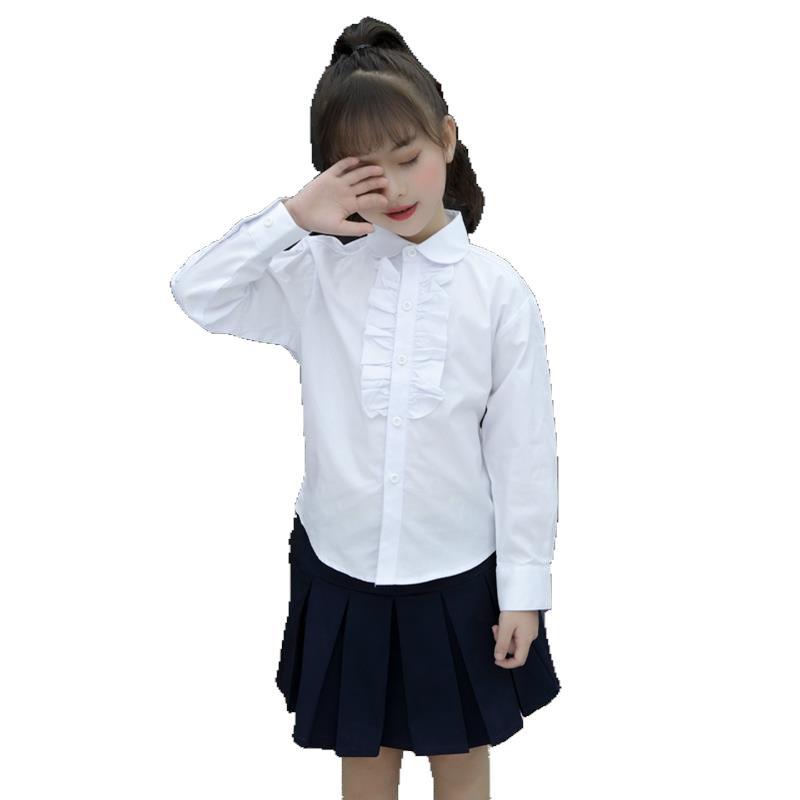 现货春季学院中大童女儿童衬衫纯色衬衫棉长袖圆领衬衫