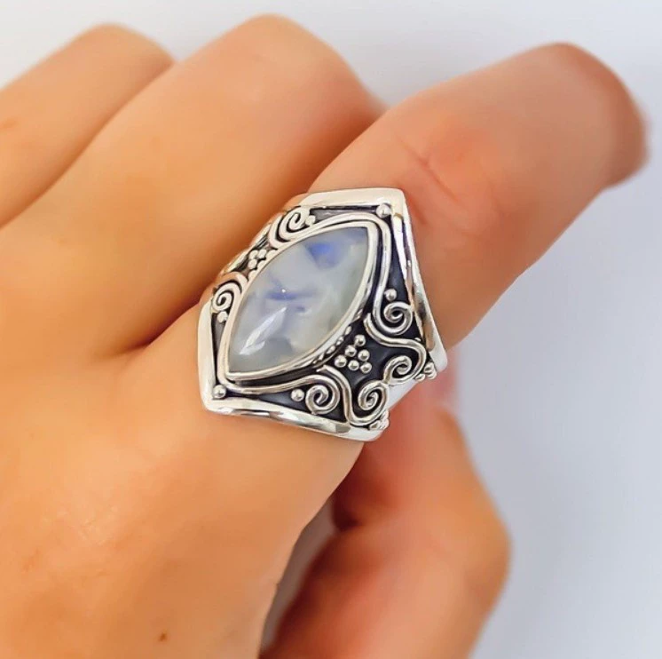 Ретро кольцо с лунным камнем, сплав Tai-Silver стиль, европейский дизайн, размеры 5–11