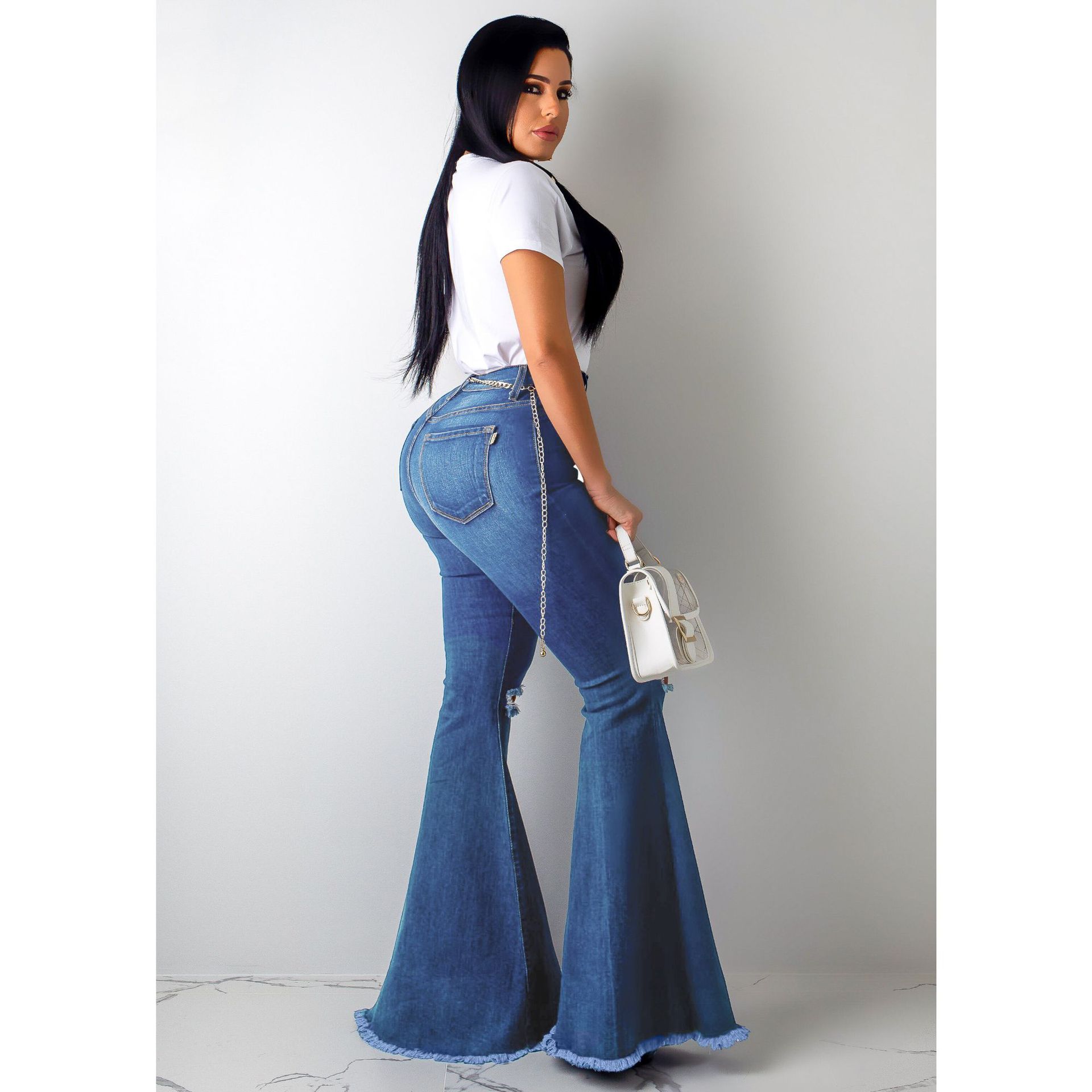 sexy fashion all-match knee-hole stretch tight denim flared pants NSSF64057