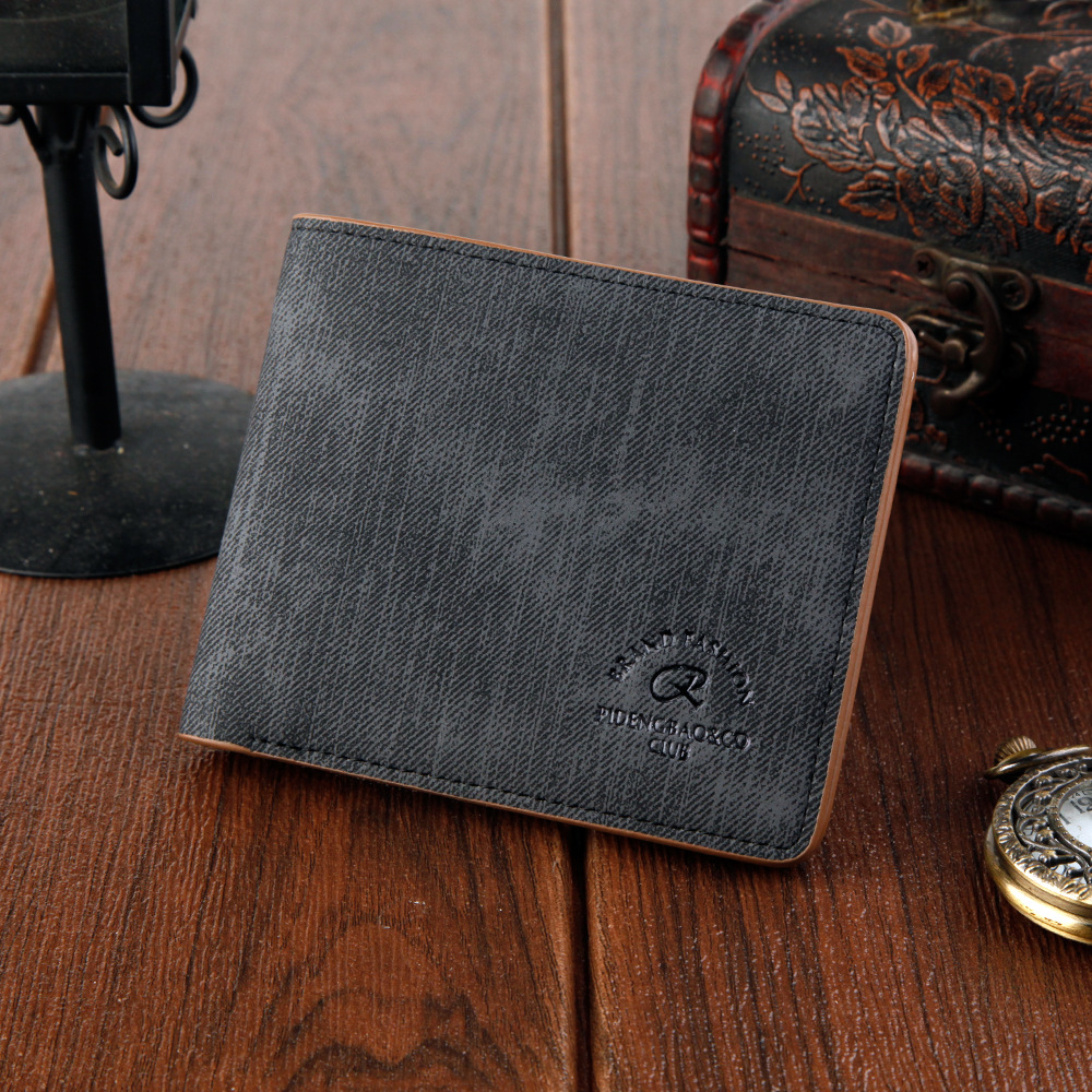 男士钱包帆布纹复古短款wallet韩版车缝线软皮多卡位皮夹一件代发