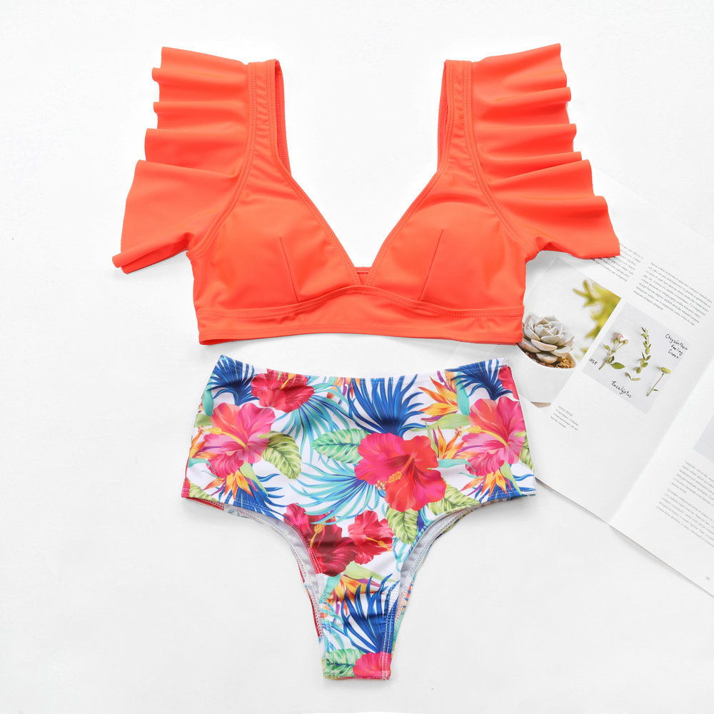 new hot style printed high waist deep V ruffled split bikini sexy swimsuit NSHL2521