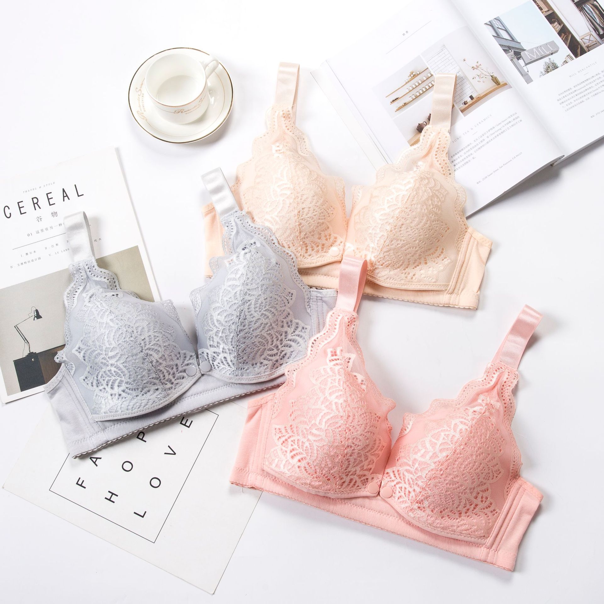 蕾丝孕妇内衣吃奶哺乳喂奶文胸罩收副乳防下垂无钢圈前开扣薄款浦|ms