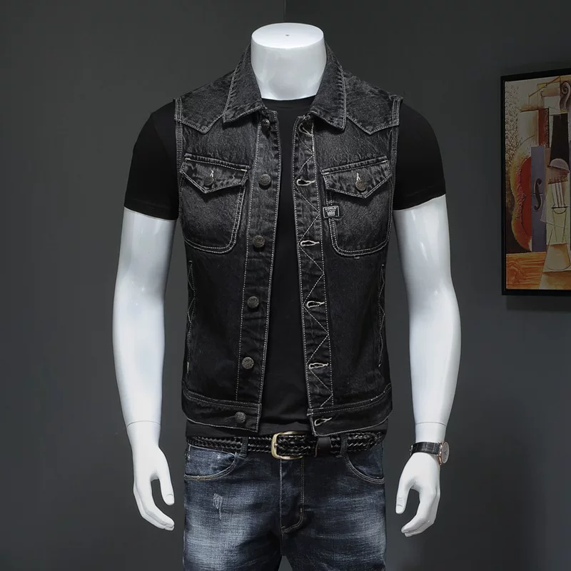 Black denim vest sleevless, European style, gradient, item code