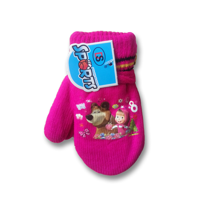 Guantes de punto de fábrica jardín de infantes acrílico bolsa de rayas conjunto de dibujos animados transferencia de calor de doble capa de invierno cálido guantes de impresión de goma