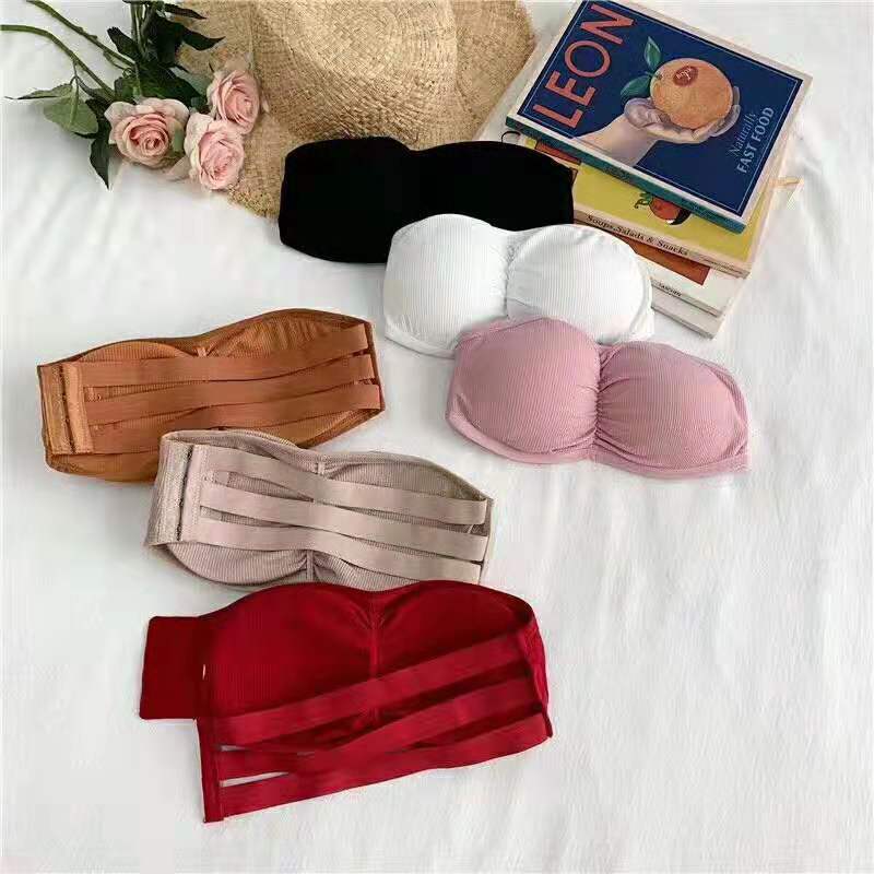 夏季女士新款螺纹棉质一字围裹胸防走光无肩带抹胸四排扣内衣少女|ms