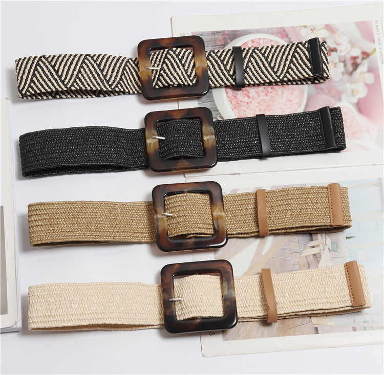 Straw Ultra Wide Belt Female Weaving Vintage Carved Wood Grain Buckle ...