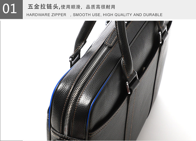 Túi xách công sở nam da bò thật dạng ngang đựng laptop 14 inch 39×28×8 cm — Màu đen dây nâu, Màu đen đường đen chi tiết 24