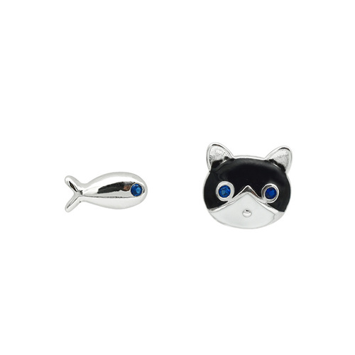 925 Pure Silver Cat Fish Ear Studs Korean Style CHIC Cute Minimalist Women's Cat Fish Asymmetric Silver Earrings Decorations