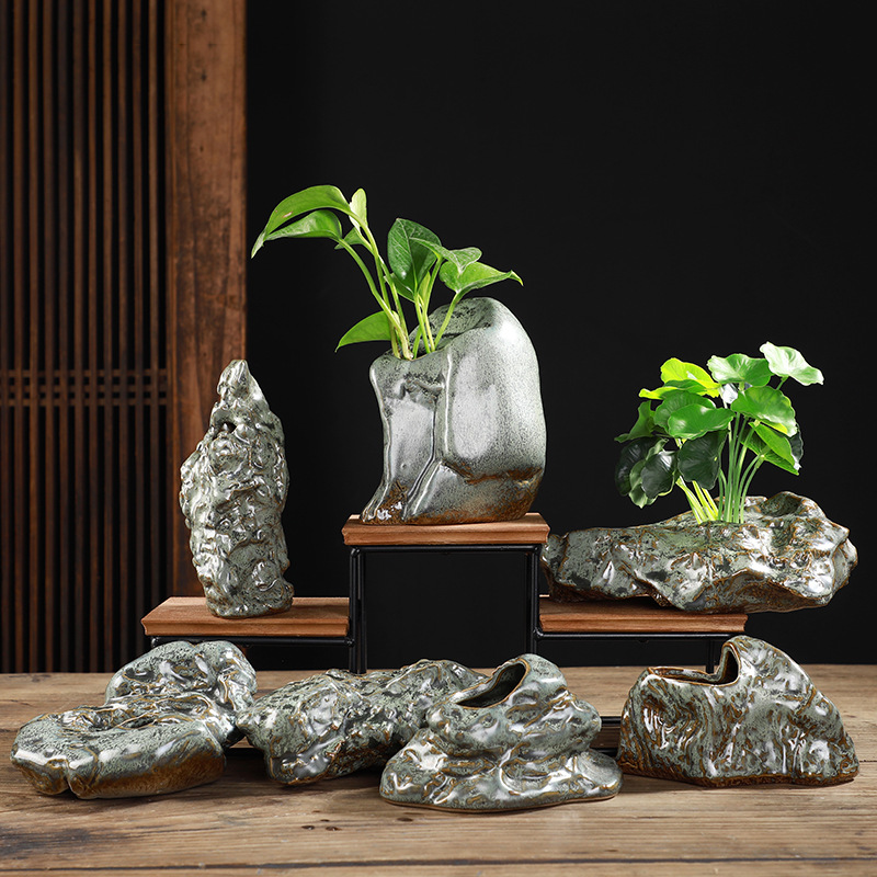 陶瓷桌面摆件工艺品新中式风创意古陶花瓶抽象复古办公室花器插花