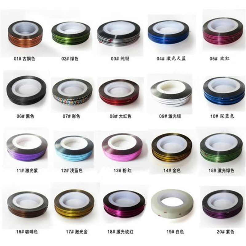 Directo de fábrica del arte del clavo de Oro y Plata línea de pegatinas con adhesivo láser pintado línea uñas pegatinas 36 colores 20m en stock