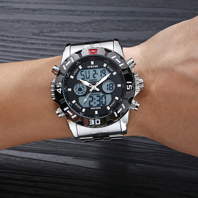 Stryve moda hombres de doble movimiento impermeable reloj de cuarzo electrónico estudiante sincronización alarma reloj de pulsera de acero inoxidable
