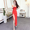 V-neck pleated slim fit slit nightclub suspender dress