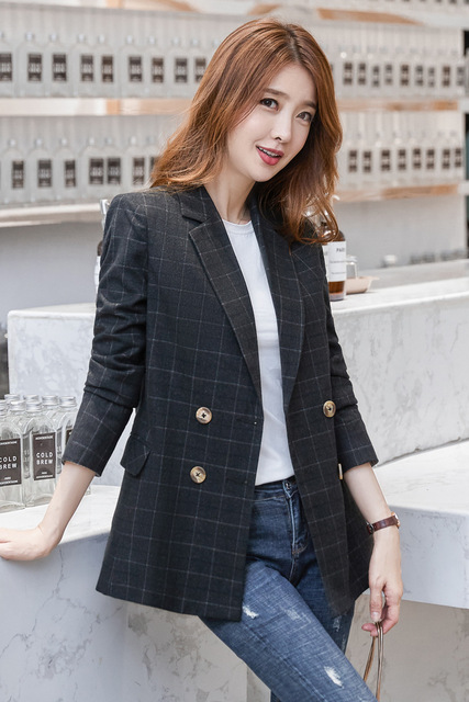 Small Suit Coat Female New Loose Size Medium and Long Checker Suit