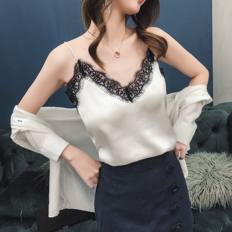 佳尔琦桑蚕丝吊带外穿小背心女夏季睫毛蕾丝V领雪纺宽松打底衫|ms