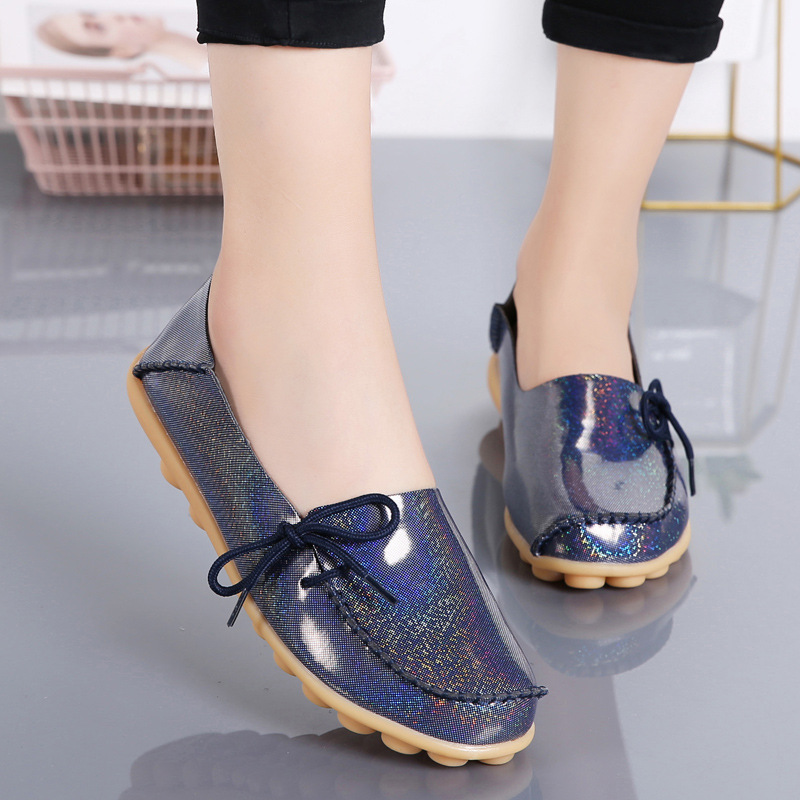 Cross-border mom shoes nurse autumn and winter plus size women's shoes lace-up flat shoes casual Peas single shoes lazy shoes shiny shoes