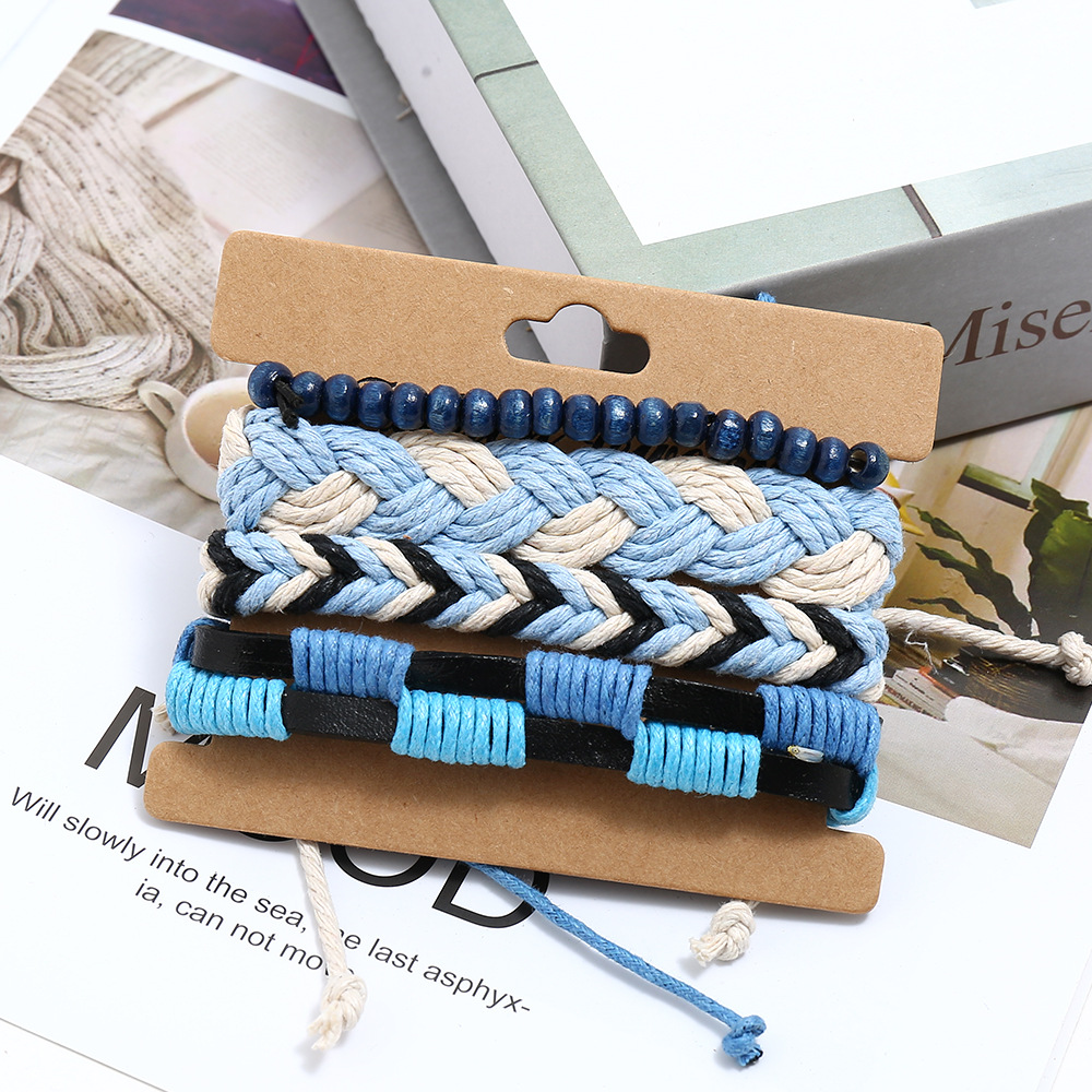 Hemp rope woven bracelet simple wooden beads four-piece cow bracelet