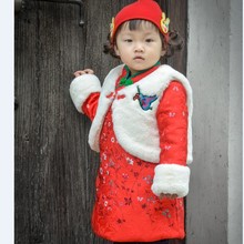 丹凤创意：中式服装女童冬装小童棉衣婴儿提花棉旗袍绒马甲两件套