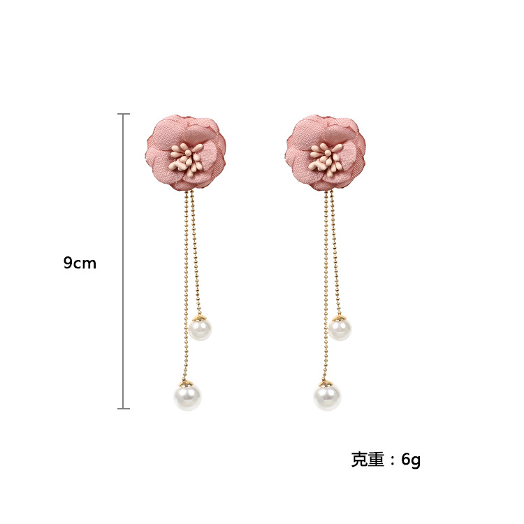 Fashion Candy Color Flower Pearl Long Tassel Fabric Sweet  Fresh Stud Earrings display picture 1