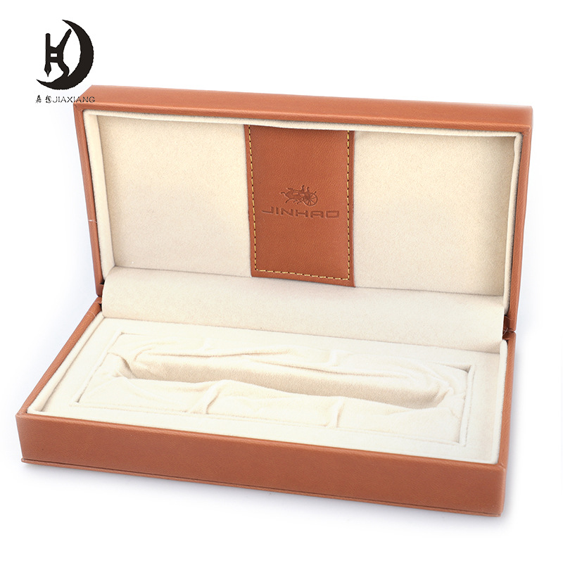 PU礼品盒软质触感舒适,礼品公司制做礼品笔盒,浅色绒布盒LOGO烫压