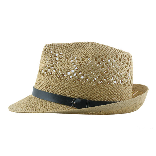 Middle-aged and elderly summer hand-woven hollow straw paper hat belt buckle casual curled jazz hat sun protection hat