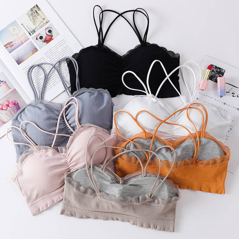 Lace Thread Beautiful Back Cross Thin Shoulder Strap Wrapped Chest No Steel Ring with Chest Pad Sexy Push-Up Tube Top Seamless Underwear for Women