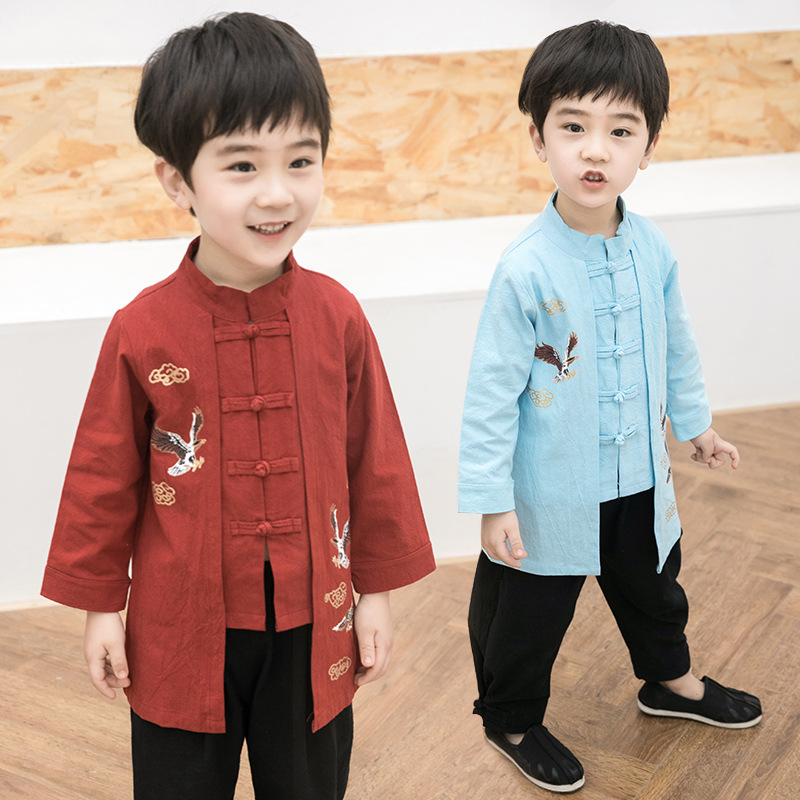 男童长袍汉服套装女童唐装中国风宝宝古装儿童功夫衫民族服表演服|ru