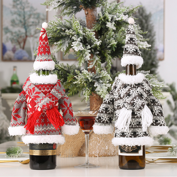 Christmas Decoration Suit Knitted Scarf Hooded Clothes Wine Bottle Set Creative Party Fabric display picture 1