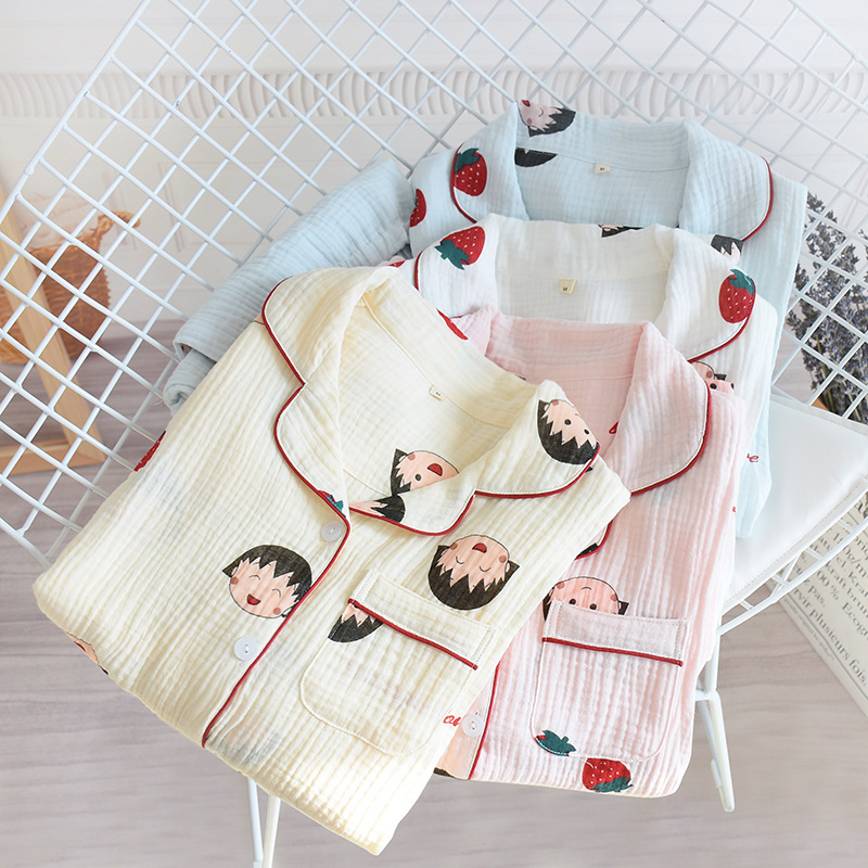 New Strawberry Cartoon Crepe Breastfeeding Suit Washed Cotton Yarn Moon Suit Postpartum Breastfeeding Pajamas Simple Style Home Clothes