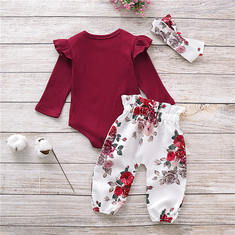 New Female Baby Clothing Suit Spring And Autumn Print Long-sleeved Romper Trousers Baby 3-piece Set display picture 3