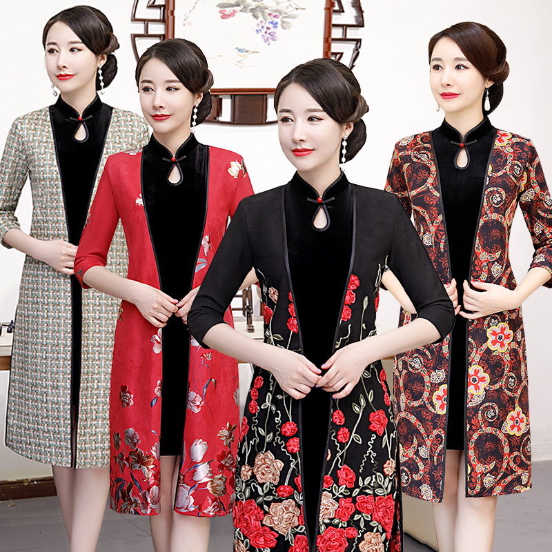 2019 Autumn and winter new pattern Two piece set Suede cheongsam fashion Mom outfit Improved cheongsam Retro have more cash than can be accounted for cheongsam