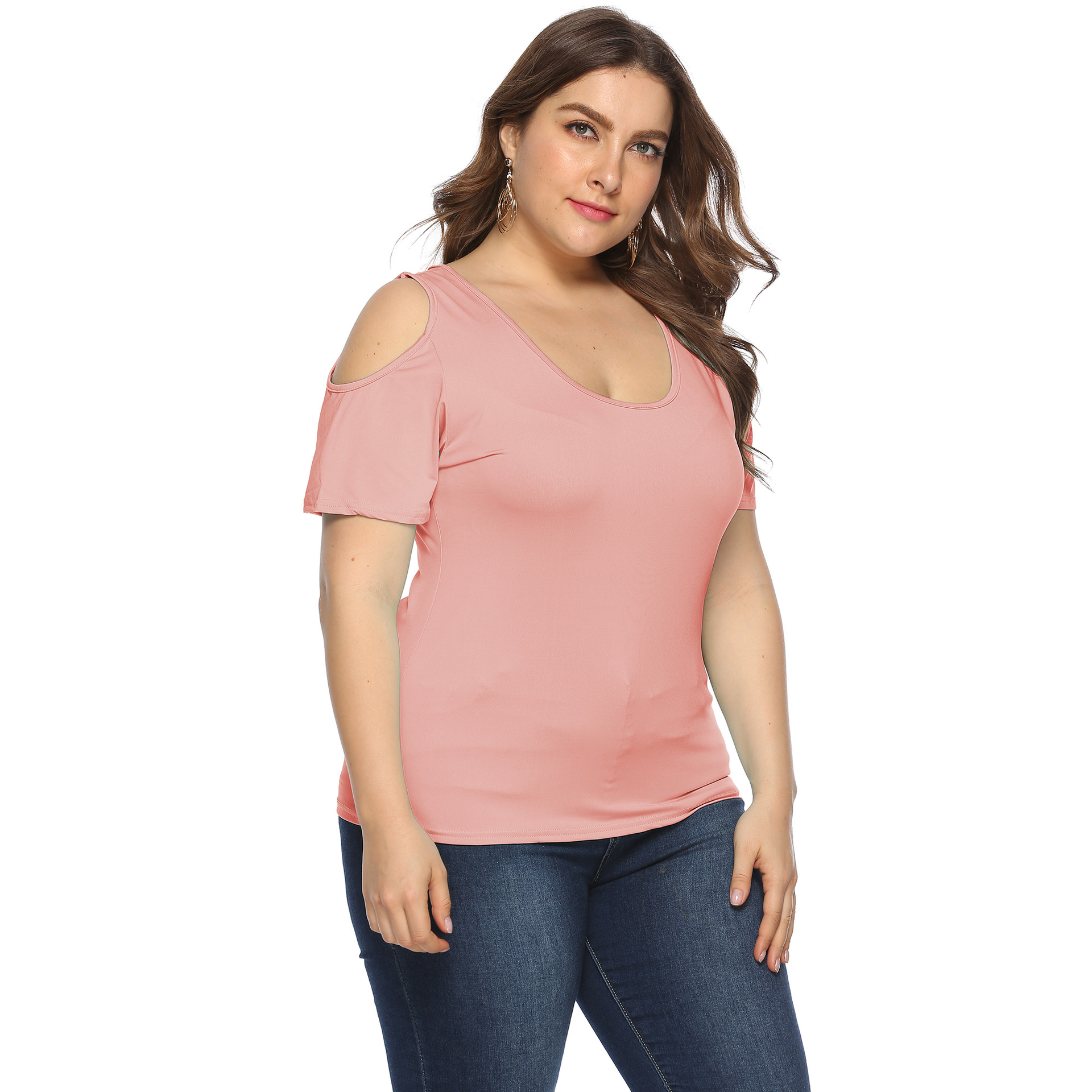 Plus Size Solid Color Simple Round Neck Strapless Short Sleeve T-Shirt NSOY27389