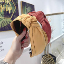 韩国新款品质发饰韩版牛仔布艺双明线条纹中间打结拧结宽边发箍女