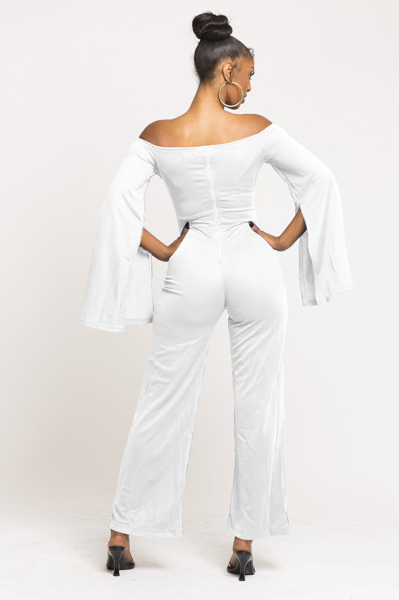 Boutique Casual Solid Color Long Sleeves Cropped off Shoulder Jumpsuit