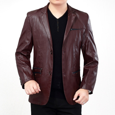 春季中年男士皮衣薄款30休闲西装男外套爸爸装40-50岁皮西服褂子
