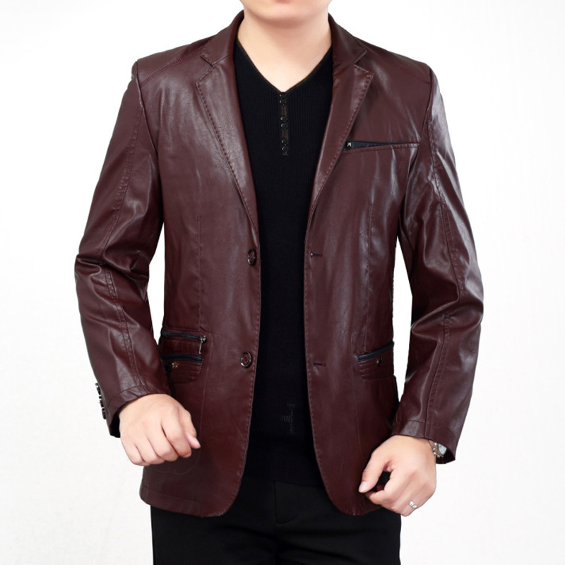 春季中年男士皮衣薄款30休闲西装男外套爸爸装40-50岁皮西服褂子