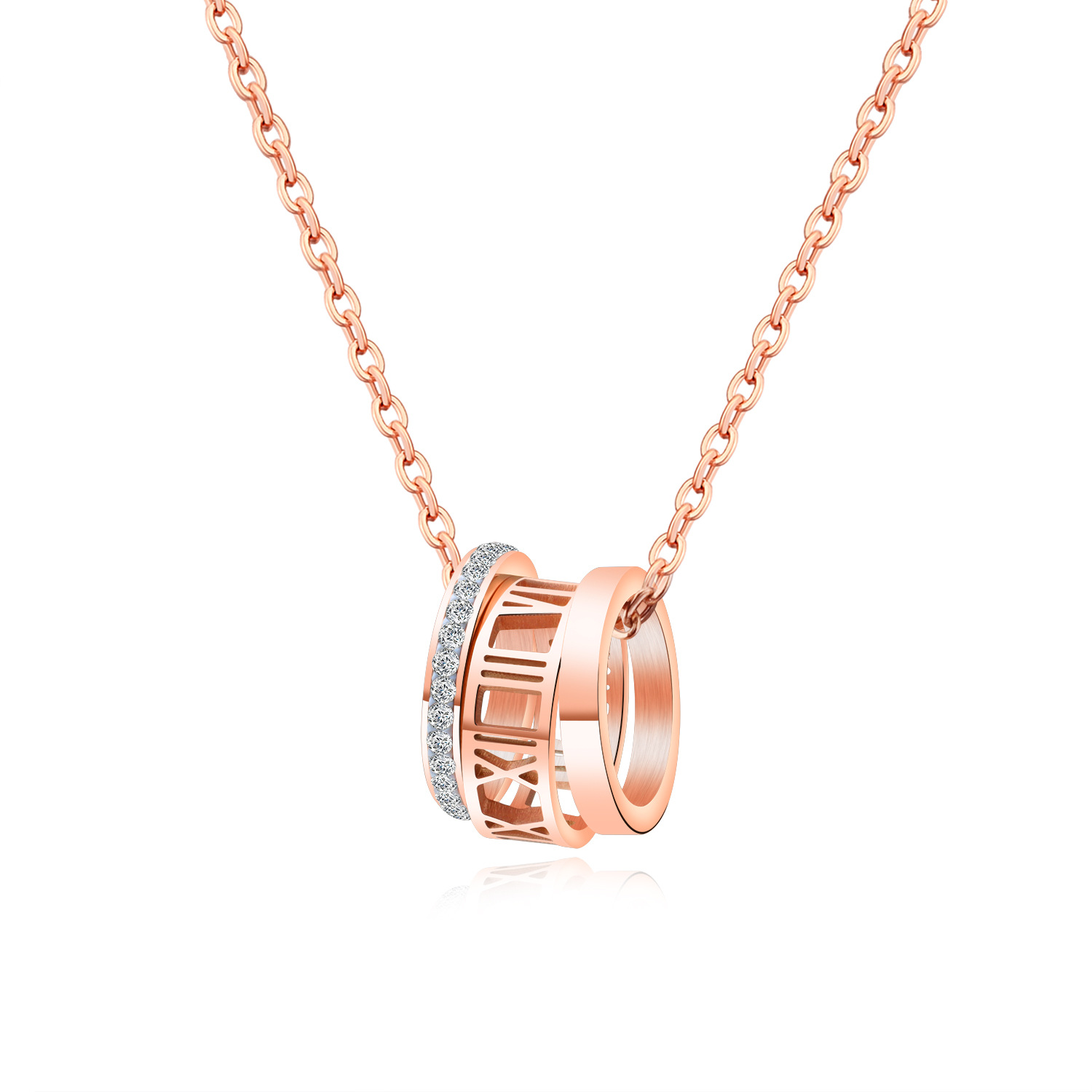 Japan and South Korea jewelry three rings full of Roman numeral Necklace titanium steel plated rose gold short clavicle chain