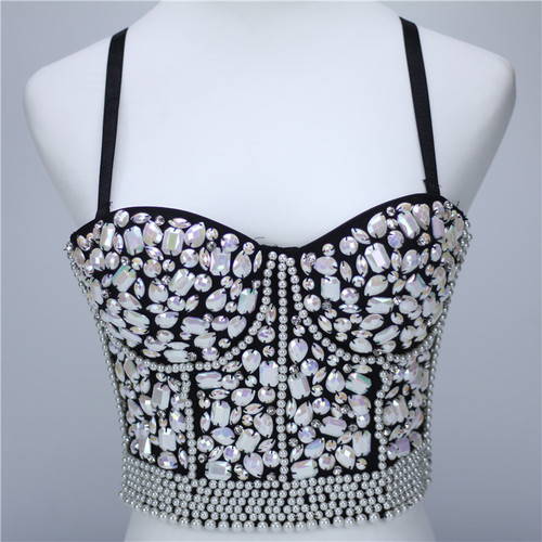Women's Diamond bling jazz dance bra tops bead waistcoat ball sexy suspender bright diamond corset support chest shaping top