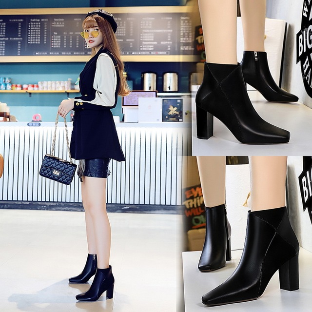 thin square head thick heel leather splicing Short Boots Knight