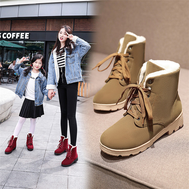 Snow boots women’s new winter short tube lace up short boots women’s fashion Plush warm cotton shoes parent-child 