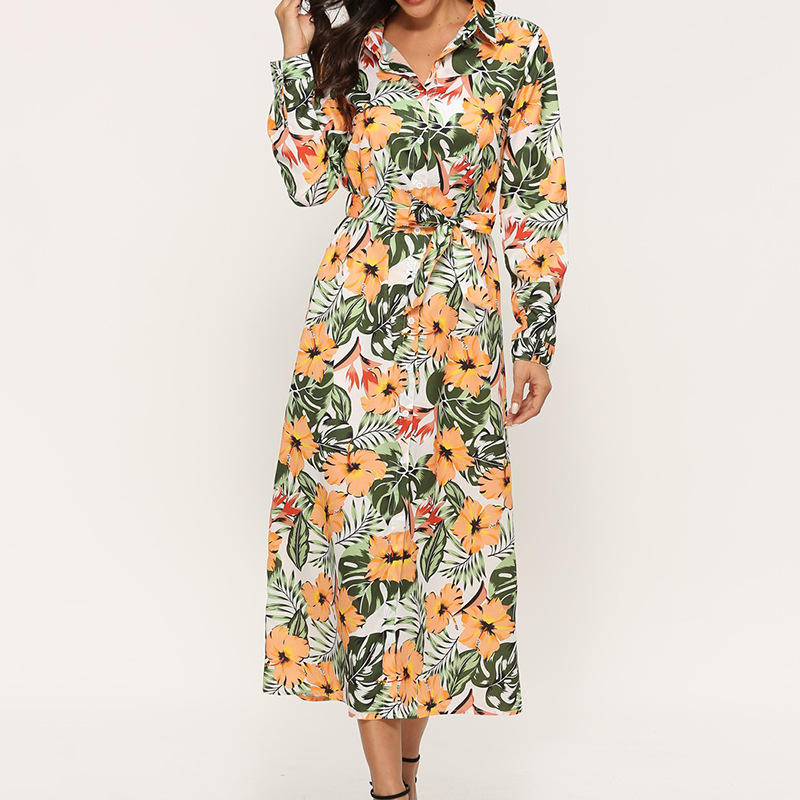 casual printing V-neck long-sleeved chiffon dress NSGE37812