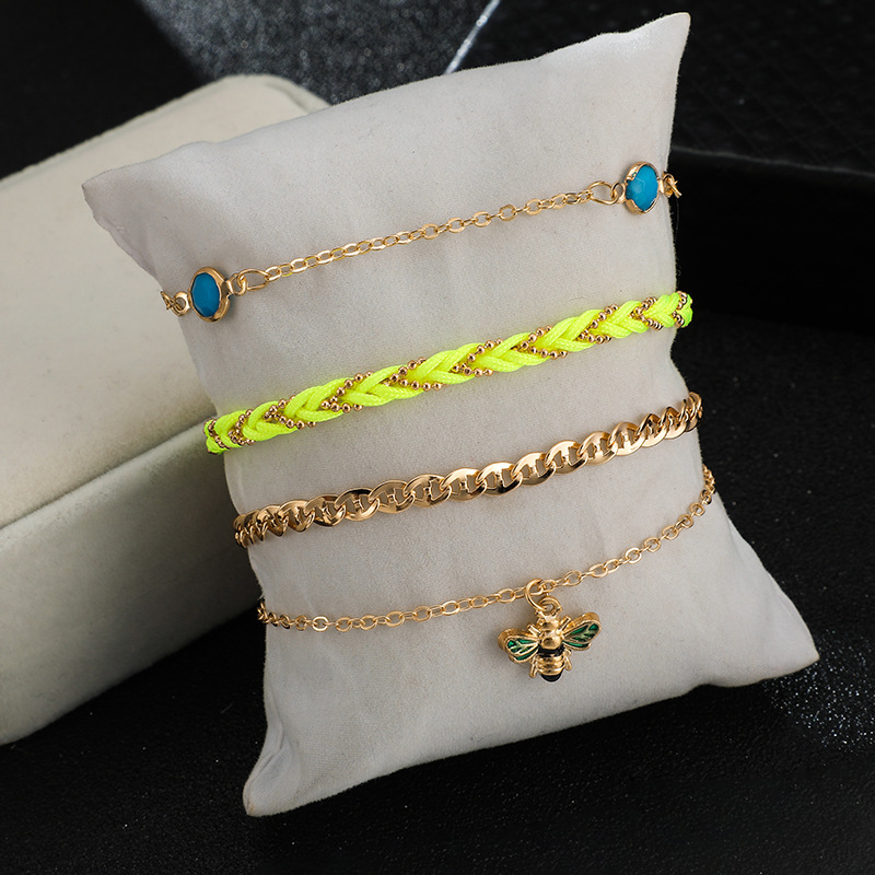 Bohemian Bee Multilayer Gold Bead Sapphire Wire Rope Anklet 4 Piece Set display picture 10