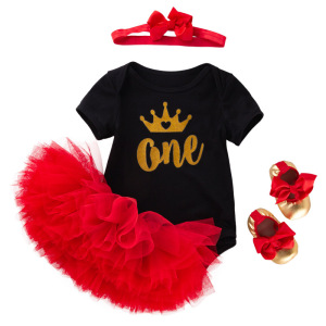 Baby birthday party dresses crown mother festival children black dress red Tutu skirt cover