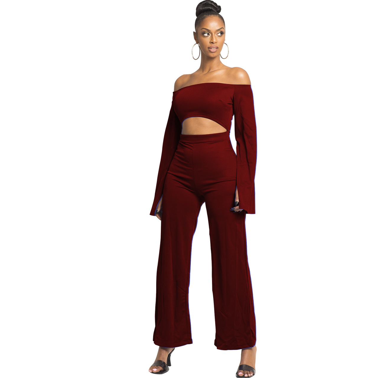 Boutique Casual Solid Color Long Sleeves Cropped off Shoulder Jumpsuit