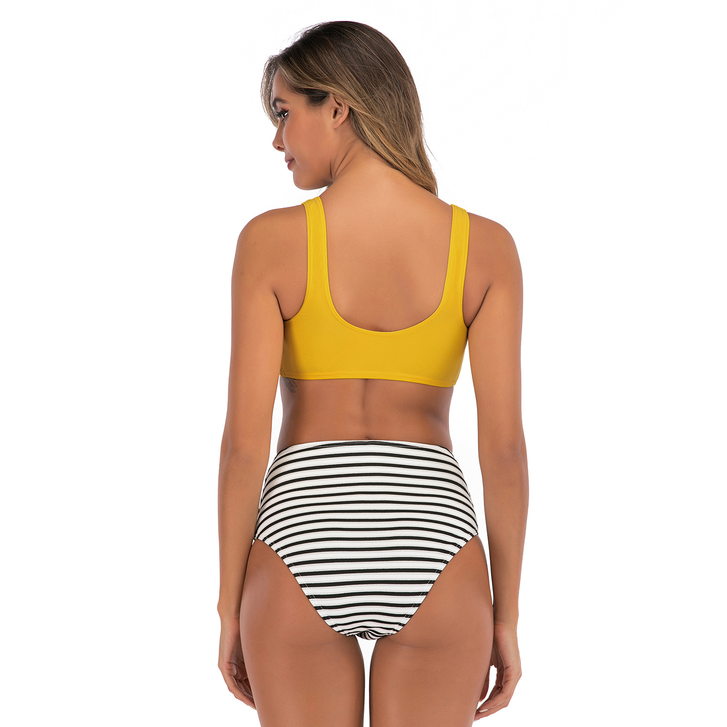 批发厂家直销亚马逊高腰欧美比基尼性感泳衣女条纹露背分体泳装女